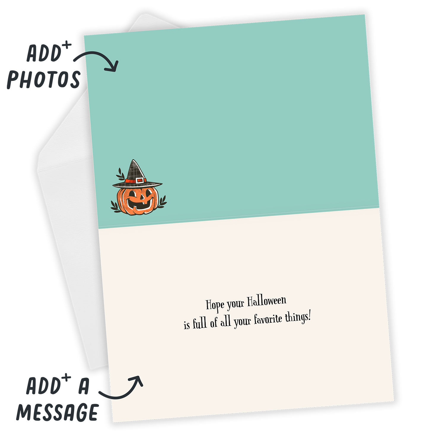 Black Cat in Pumpkin Personalized Halloween Card Open Card with Envelope indicating personalization image number 4