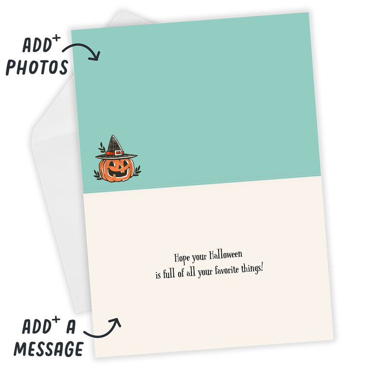 Black Cat in Pumpkin Personalized Halloween Card Open Card with Envelope indicating personalization image number 4
