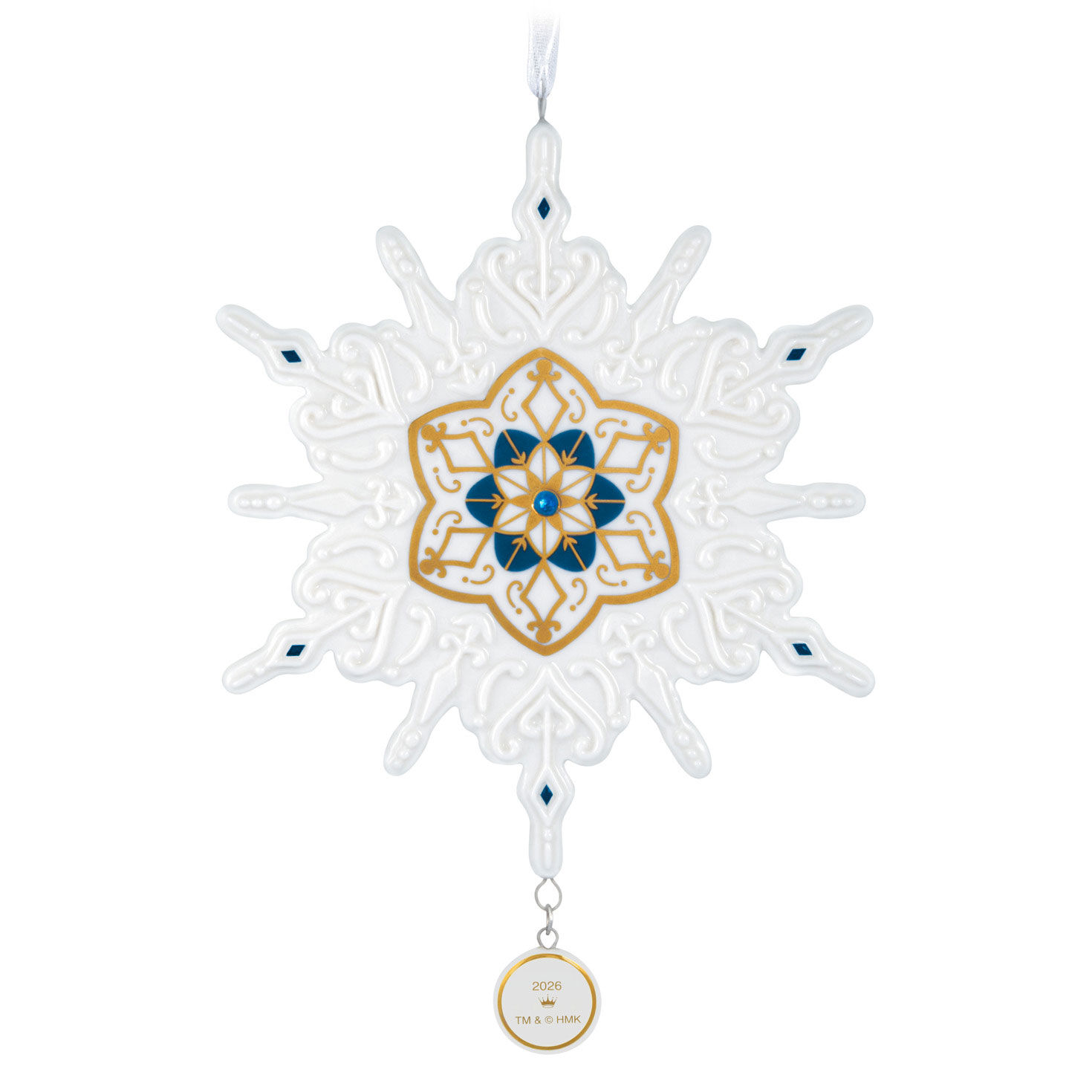 White Snowflake With Blue, Gold Keepsake Ornament Back image number 6