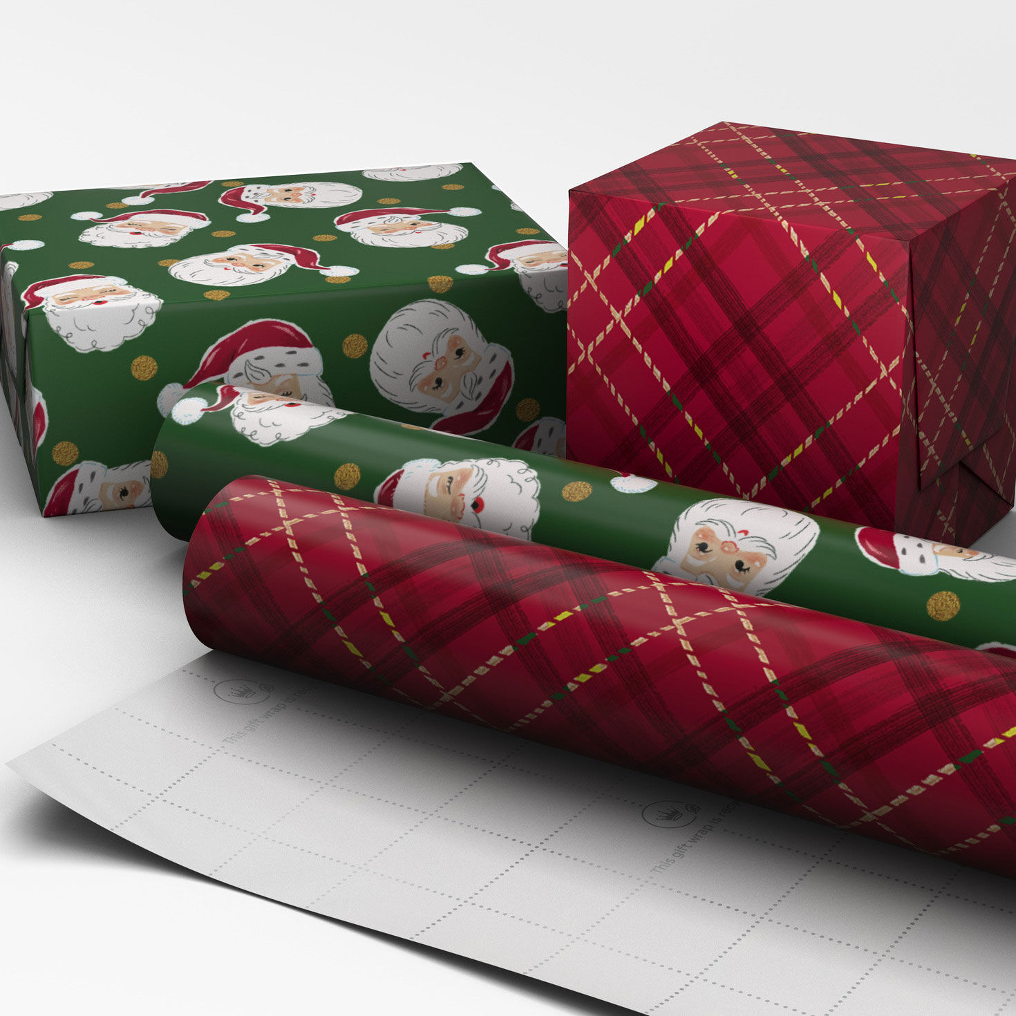 Santa Faces and Red Plaid Gift Wrap Rolls wrapped image number 2