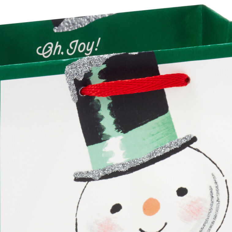 Smiling Snowman on White Small Holiday Gift Bag Handle Detail image number 4