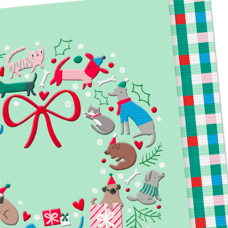 Dog and Cat Wreath on Mint Green Pet Sitter Christmas Card Card Front Detail image number 4