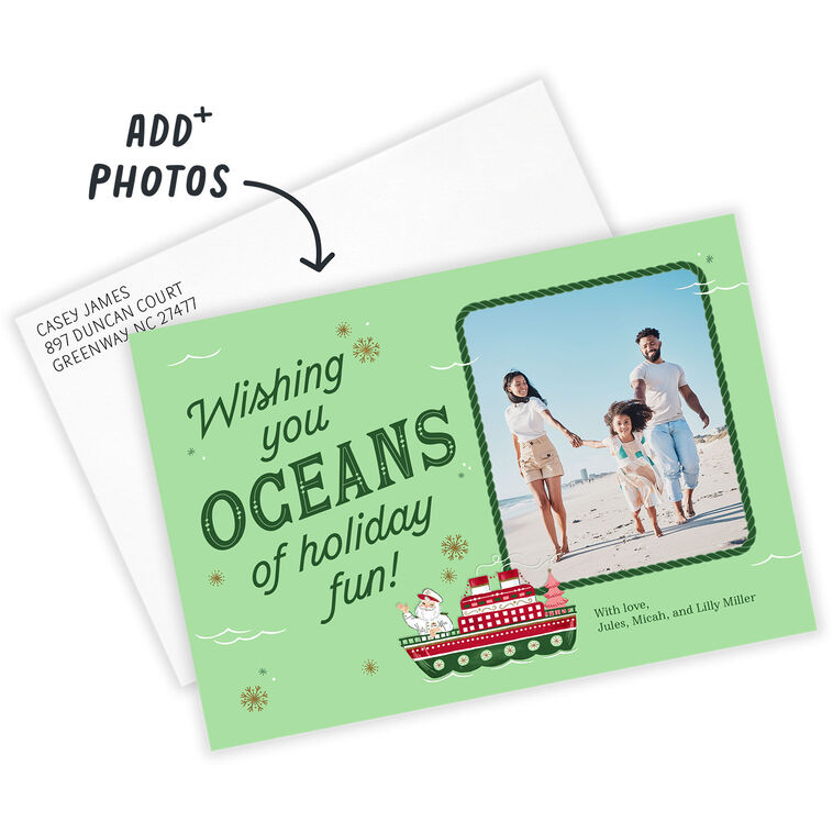Hallmark Cruise Santa Ship Personalized Photo Card Card Front indicating personalization image number 2