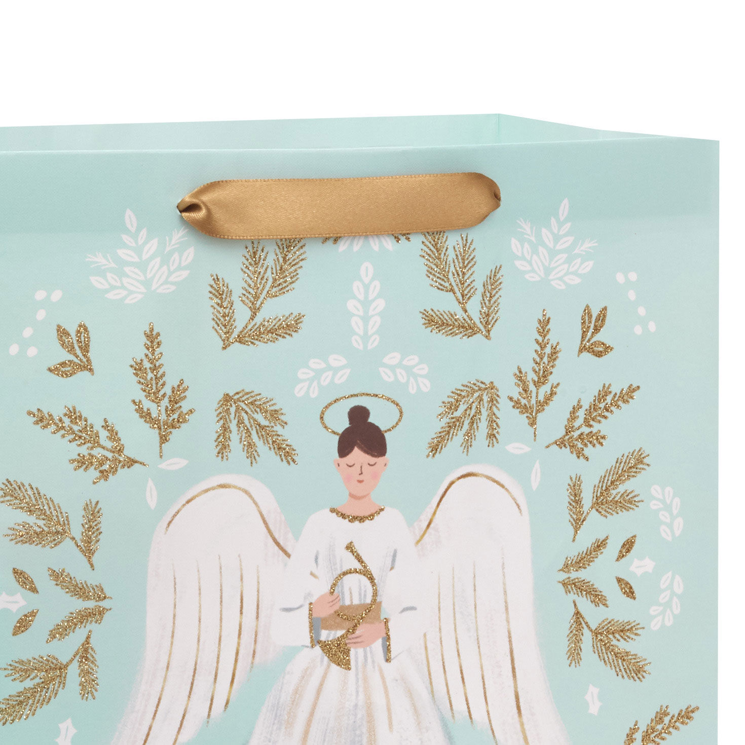 Angel Illustration on Blue Large Christmas Gift Bag Handle Detail image number 4