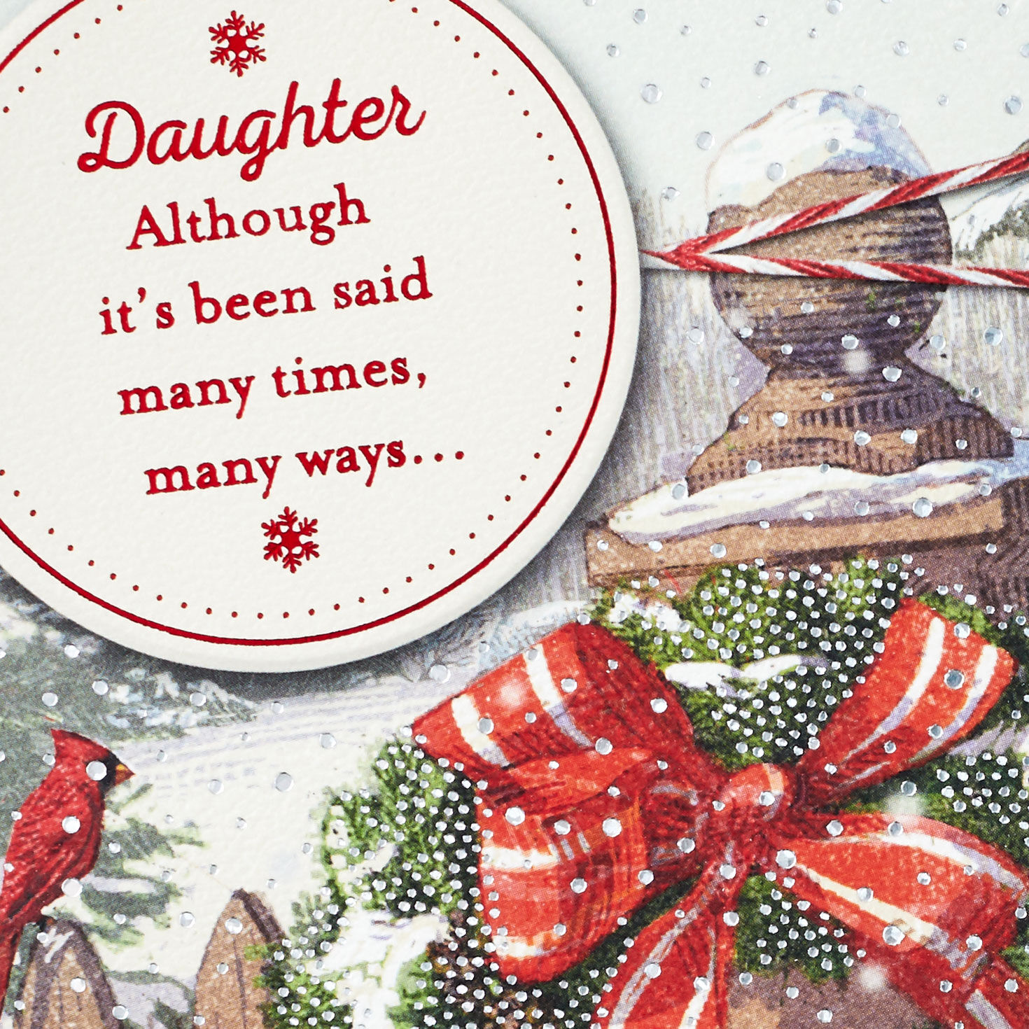 Snowy Wreath and Cardinals Daughter Christmas Card Card Front Detail image number 4
