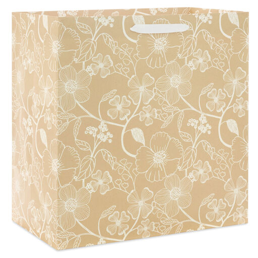 15" Illustrated Flowers on Tan Extra-Deep Gift Bag, 