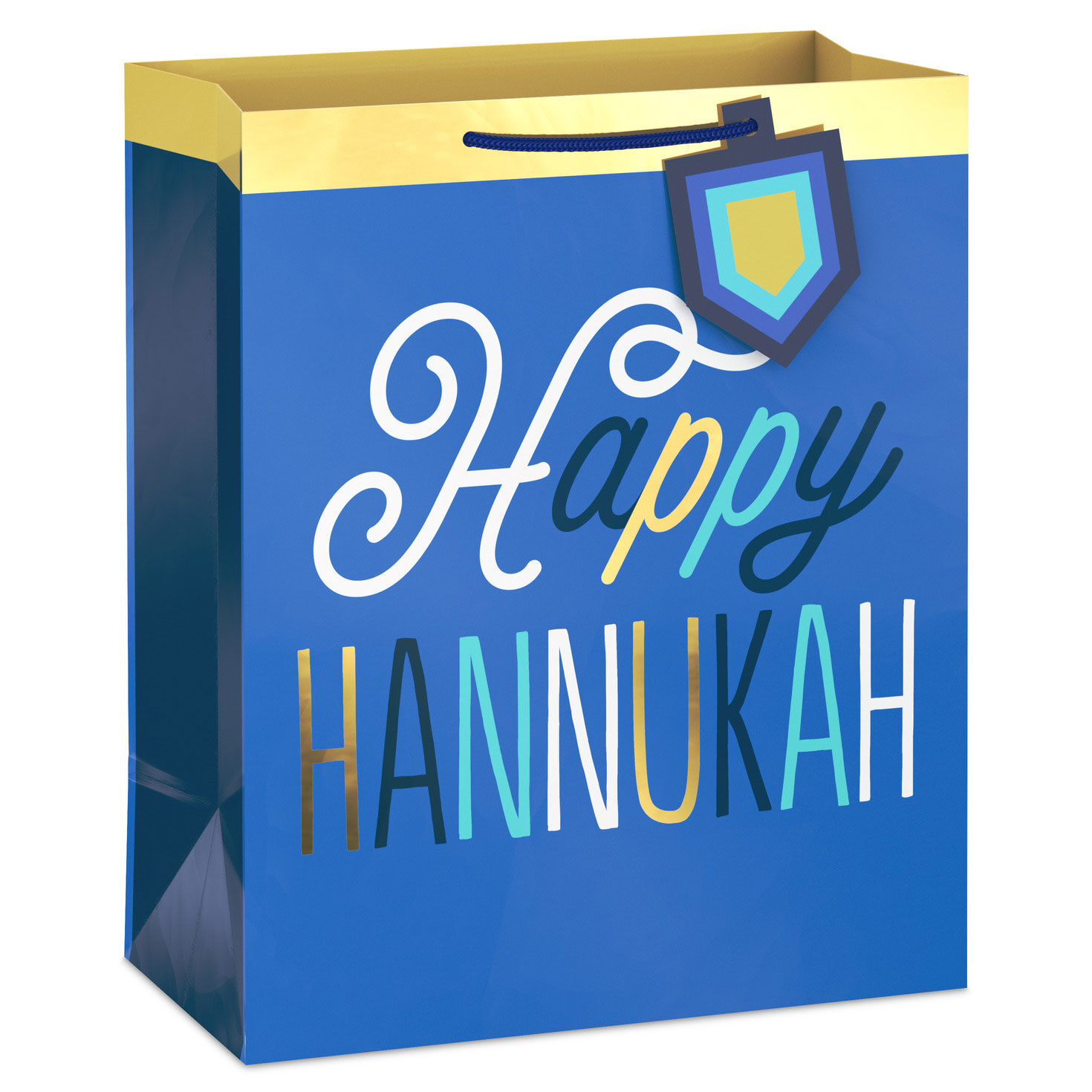 13" Playful Lettering on Blue Large Hanukkah Gift Bag With Gift Tag
