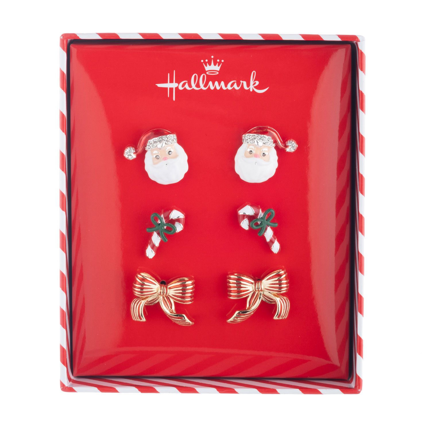 Set of 3 Santa, Candy Cane, Bow Stud Earrings package open image number 2