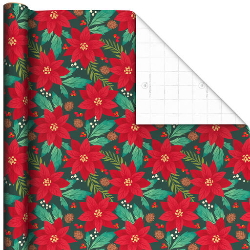 Red Poinsettias on Green Christmas Wrapping Paper, 35 sq. ft., 
