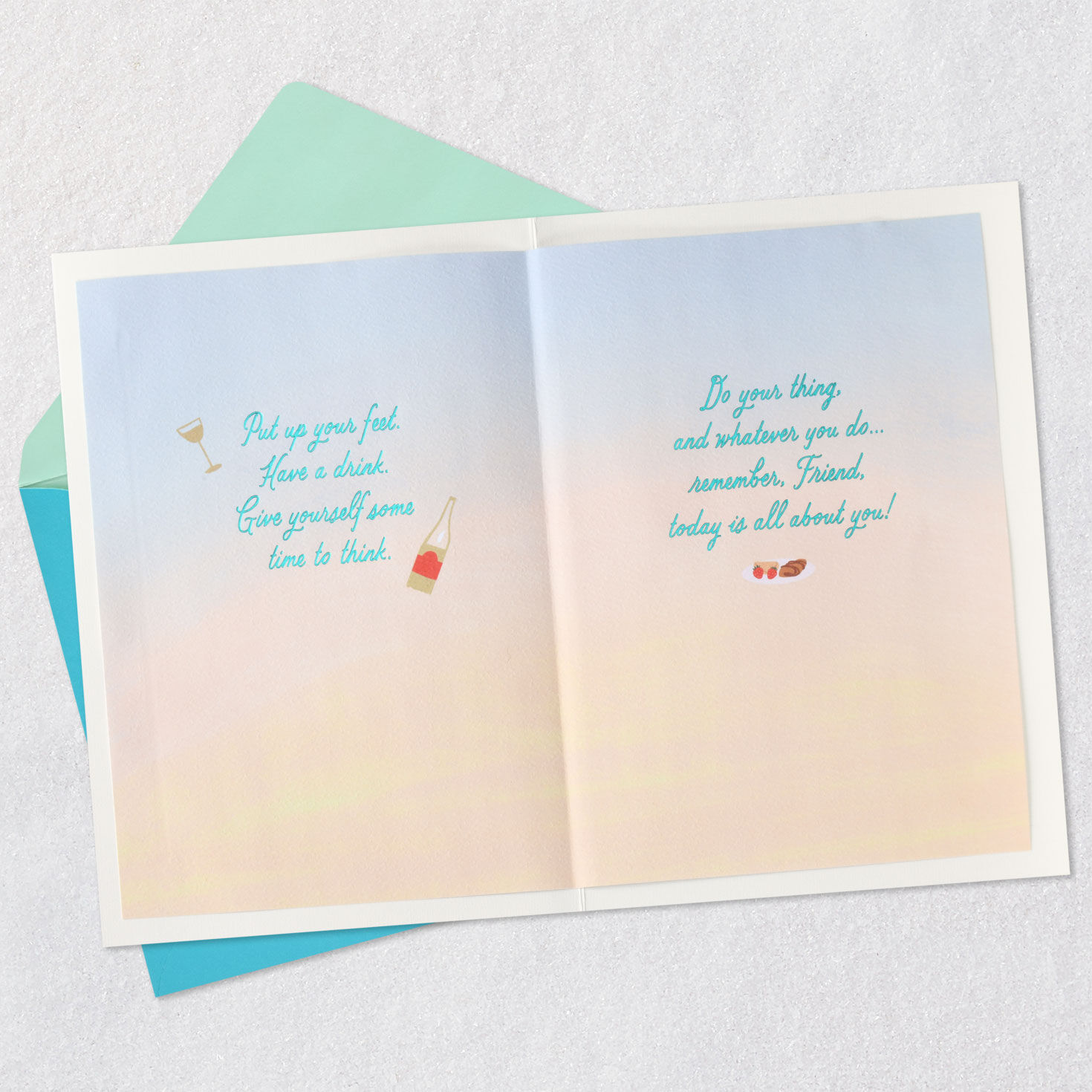 Hallmark birthday greeting card for friend features a calming tableau of a tub full of bubbles in a room with tropical plants, a table with champagne and a white cat resting on the floor. Open card with envelope image number 4
