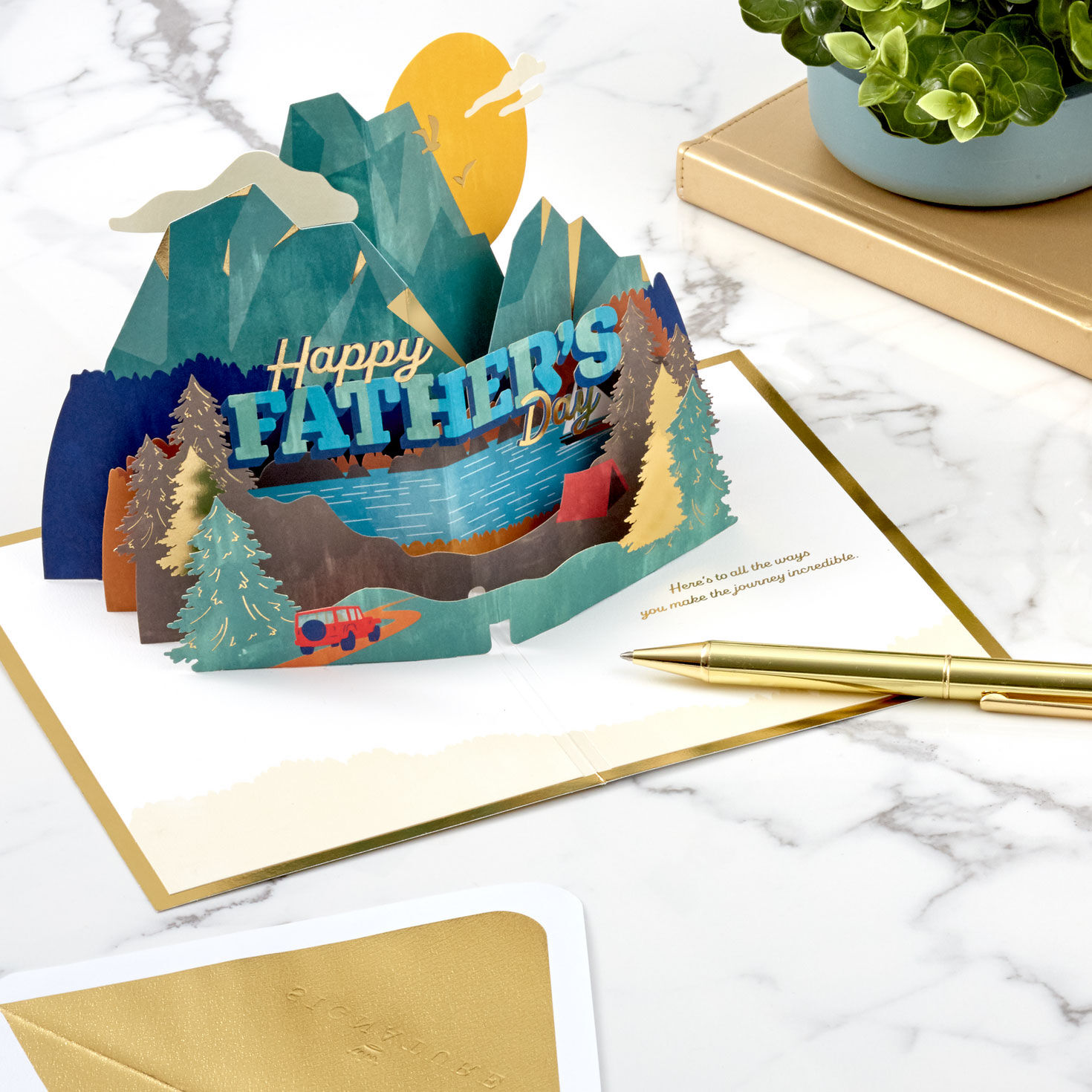 Mountain Adventure 3D Pop-Up Father's Day Card card popped open with gold pen image number 8