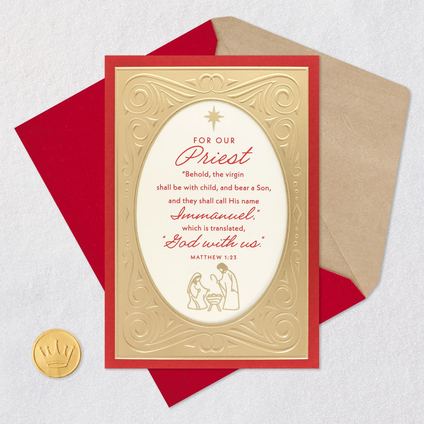 Gold Nativity Religious Christmas Card for Priest Card Front with Envelope and Gold Seal image number 5