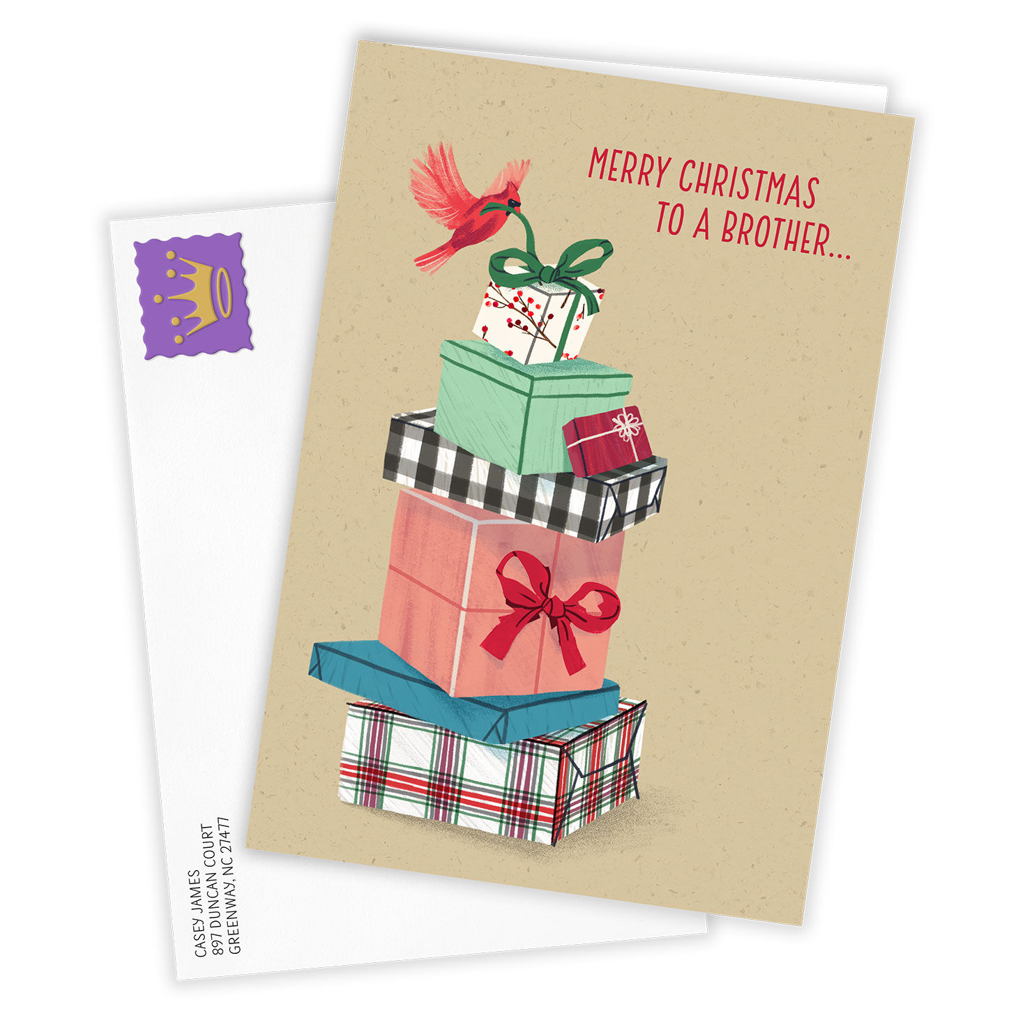 Pile of Gifts Personalized Christmas Card for Brother Card  front with Envelope  image number 2