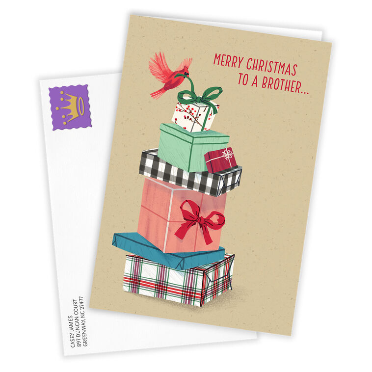 Pile of Gifts Personalized Christmas Card for Brother Card  front with Envelope  image number 2