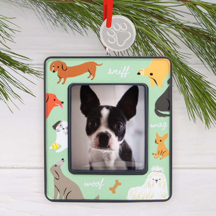 Dogs on Green Photo Frame Christmas Ornament Hanging on tree image number 2