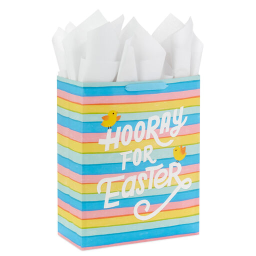 15.5" Chicks and Colorful Stripes XL Easter Gift Bag With Tissue Paper, 