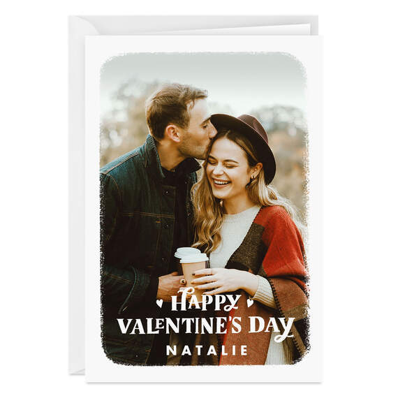 Personalized White Outline Happy Valentine's Day Photo Card, , large image number 1