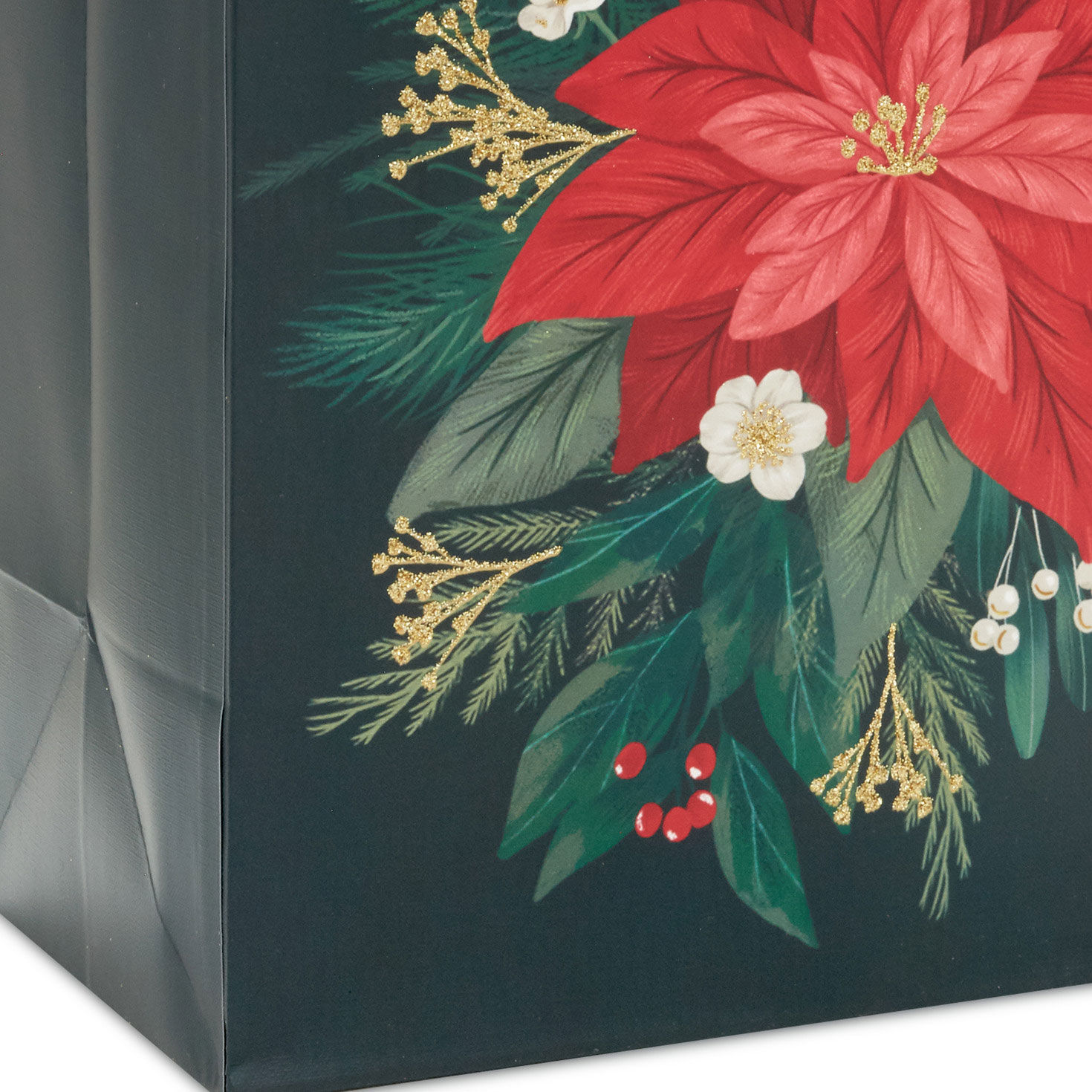 Red Poinsettia on Black Medium Christmas Gift Bag Base/Side Detail image number 5