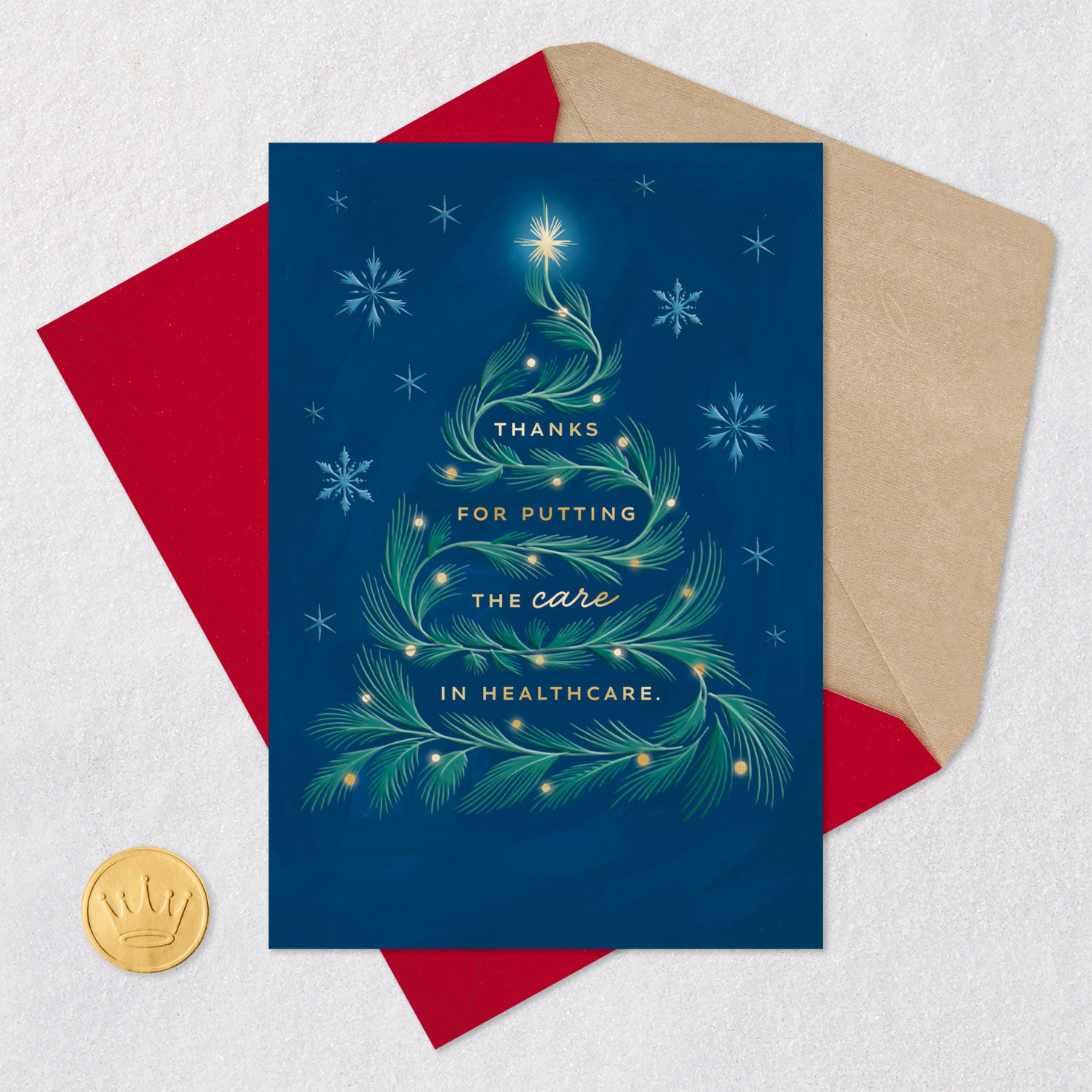 Navy Christmas Tree Healthcare Worker Card Card Front with Envelope and Gold Seal image number 5