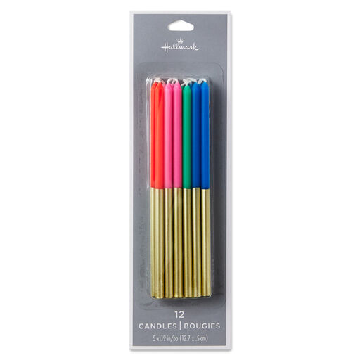 Multicolor and Gold Two-Tone Tall Birthday Candles, Set of 12, Multicolor & Gold