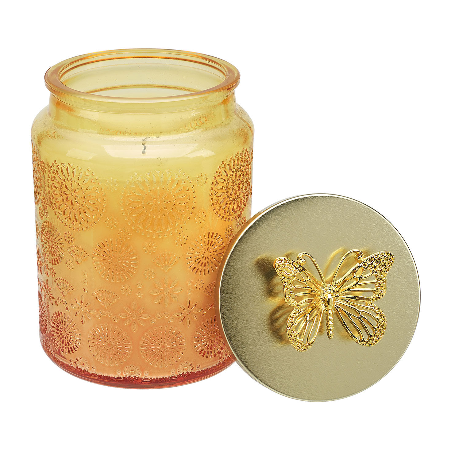 Lemon Scented Candle in Orange Glass Jar front not lit image number 3