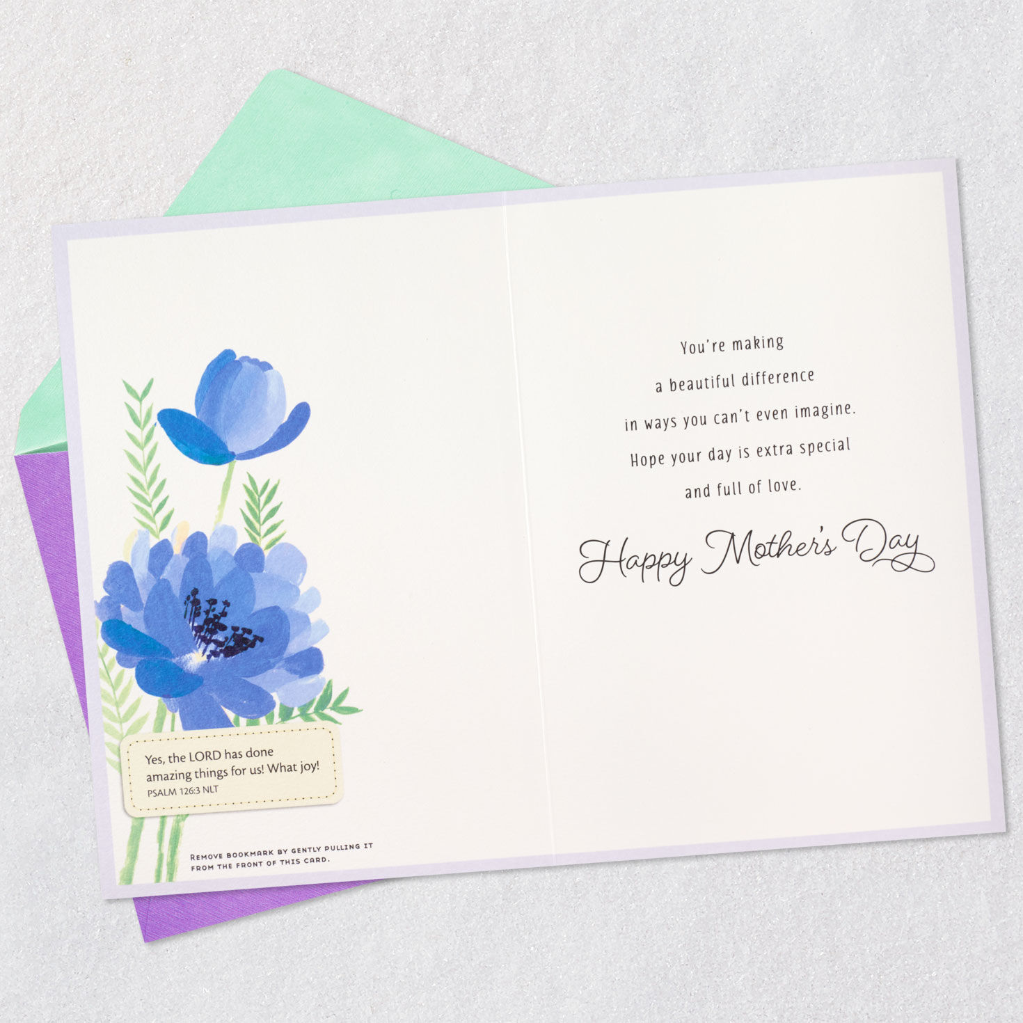 Blue Flowers Faith Mother's Day Card With Bookmark Open card with envelope image number 4
