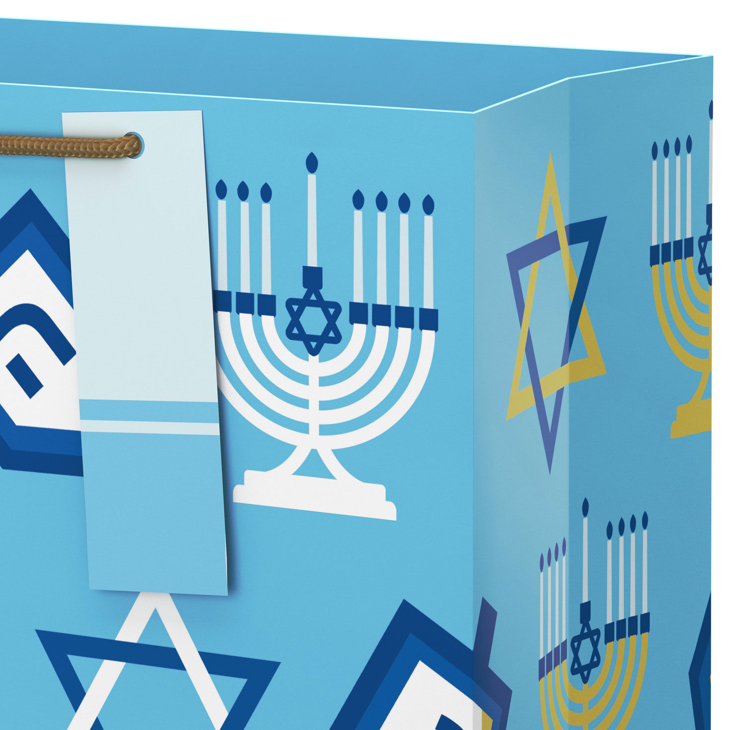 Dreidels and Menorahs on Blue XL Hanukkah Gift Bag Handle Detail image number 4