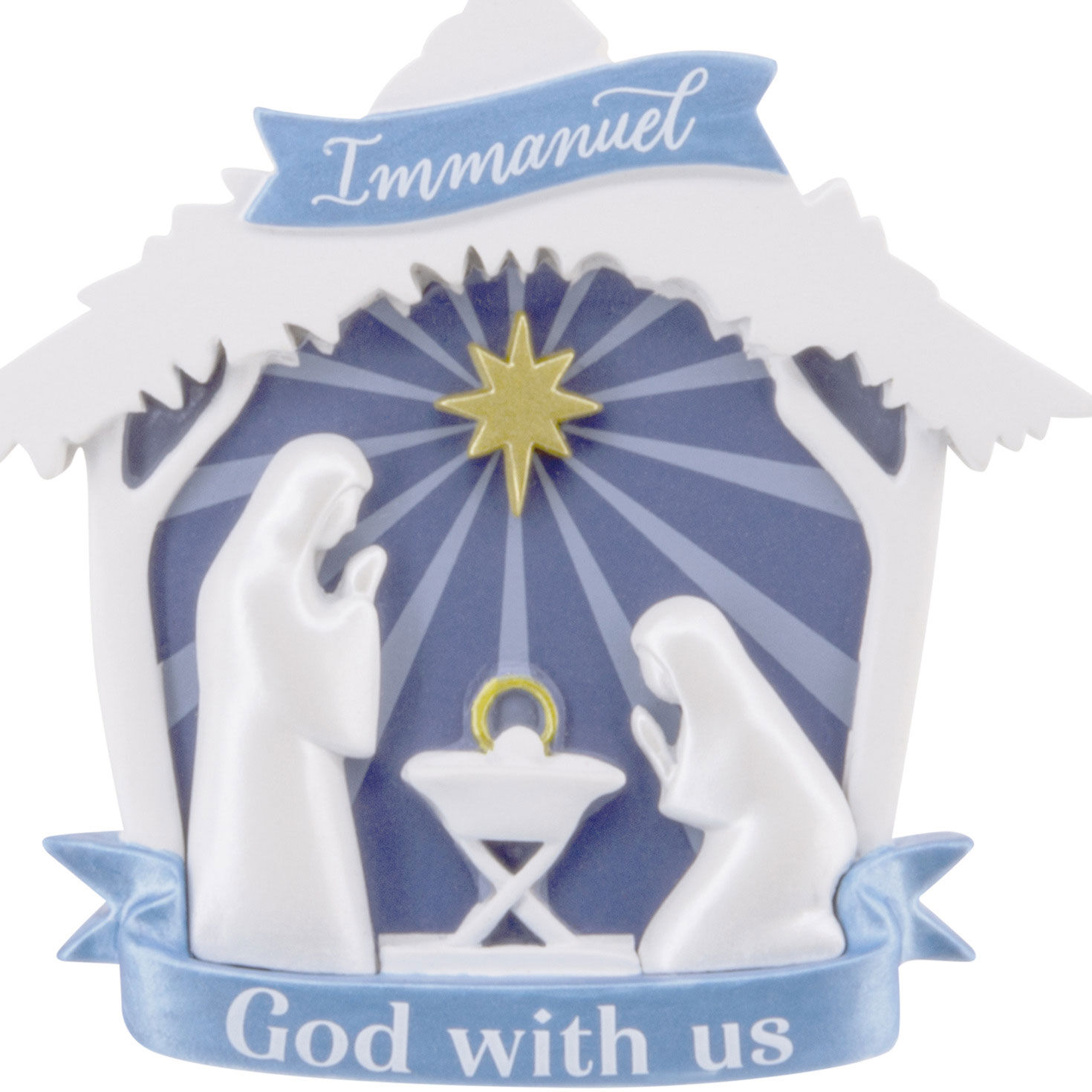 Blue White Nativity Christmas Ornament closeup view image number 5