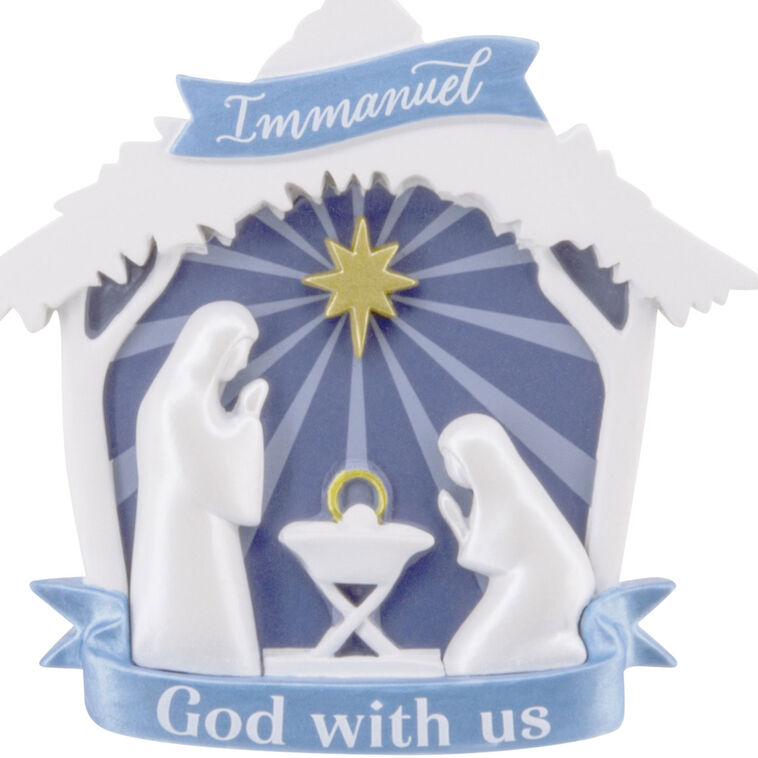 Blue White Nativity Christmas Ornament closeup view image number 5