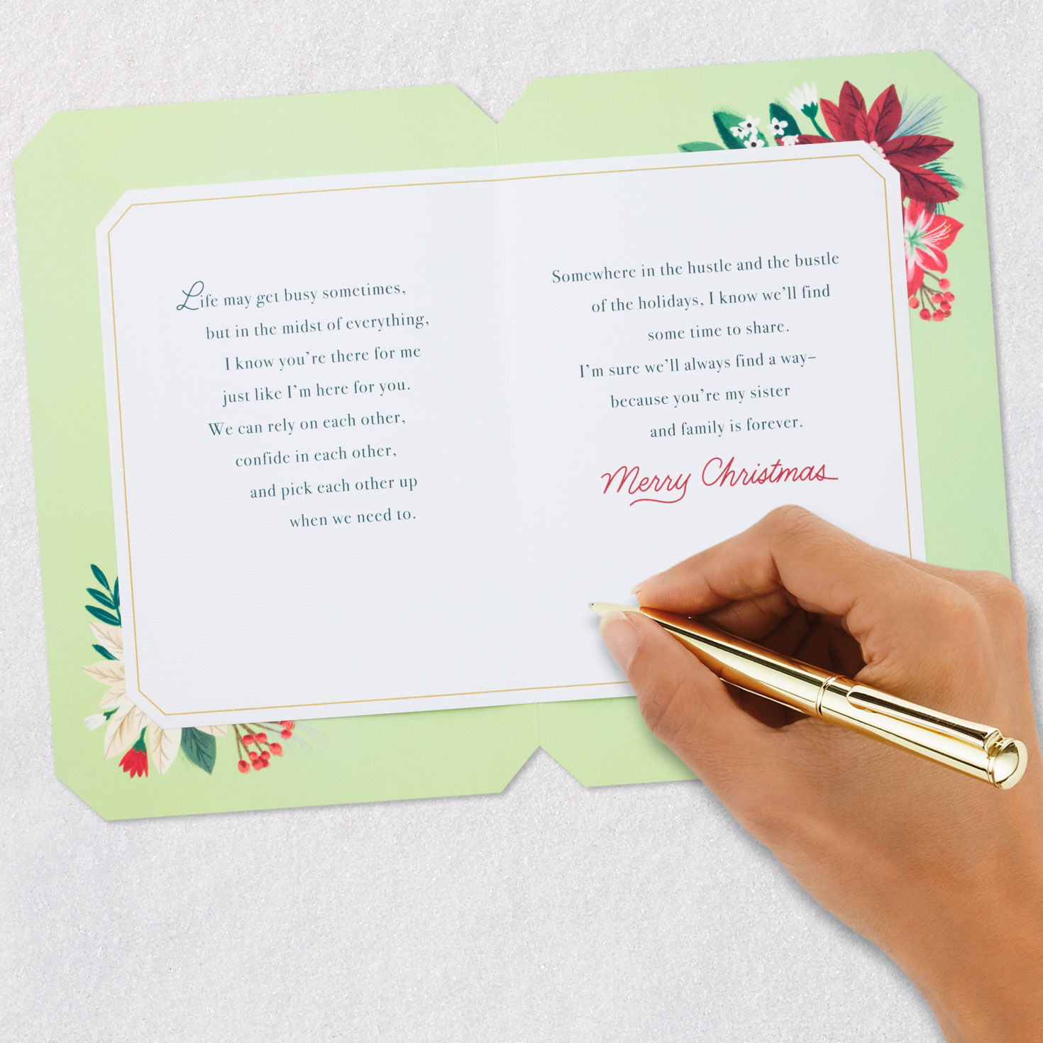 Poinsettia Floral Green Christmas Card for Sister Signing card image number 7
