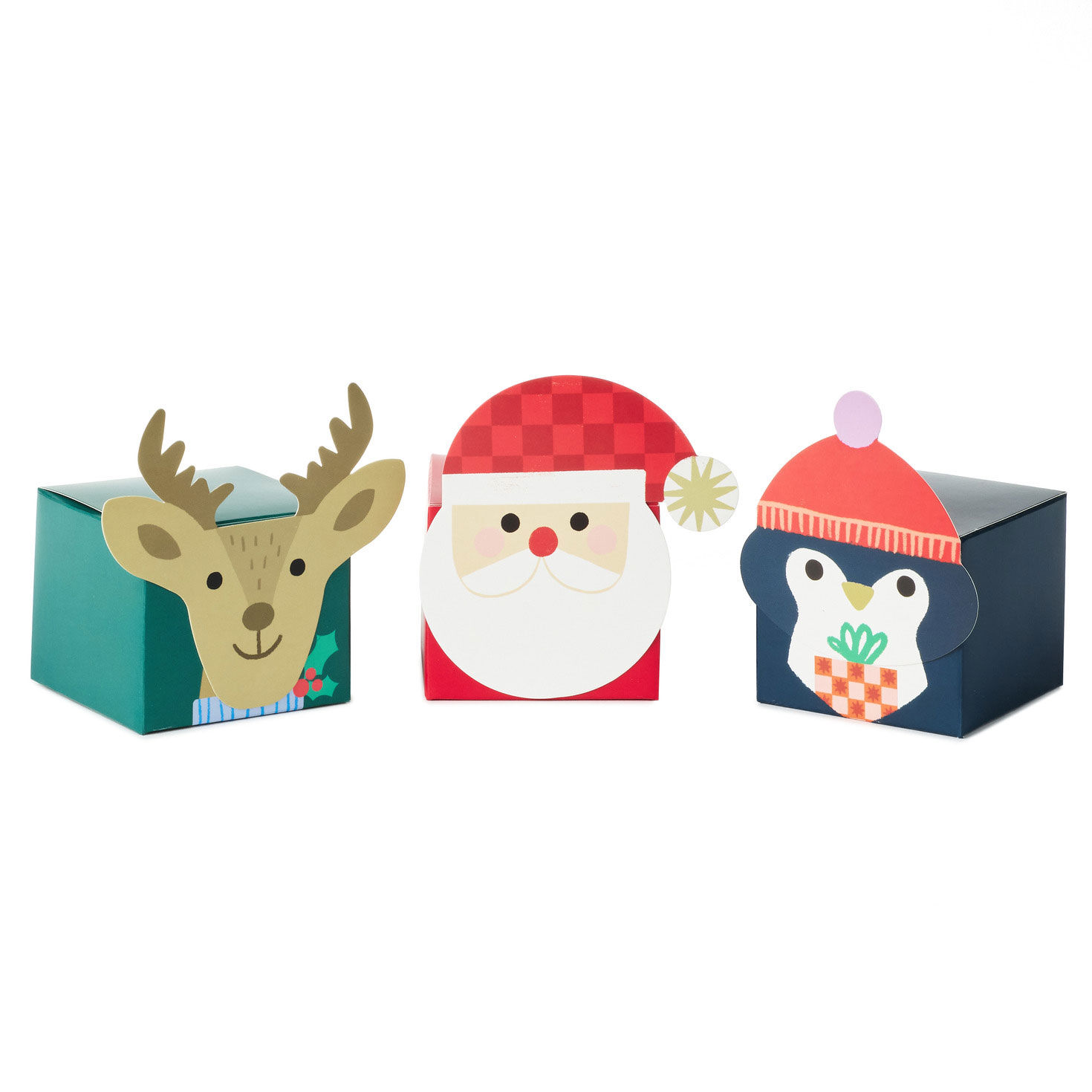 Santa, Penguin and Deer 3-Pack Assorted Mini Christmas Gift Box Bundle