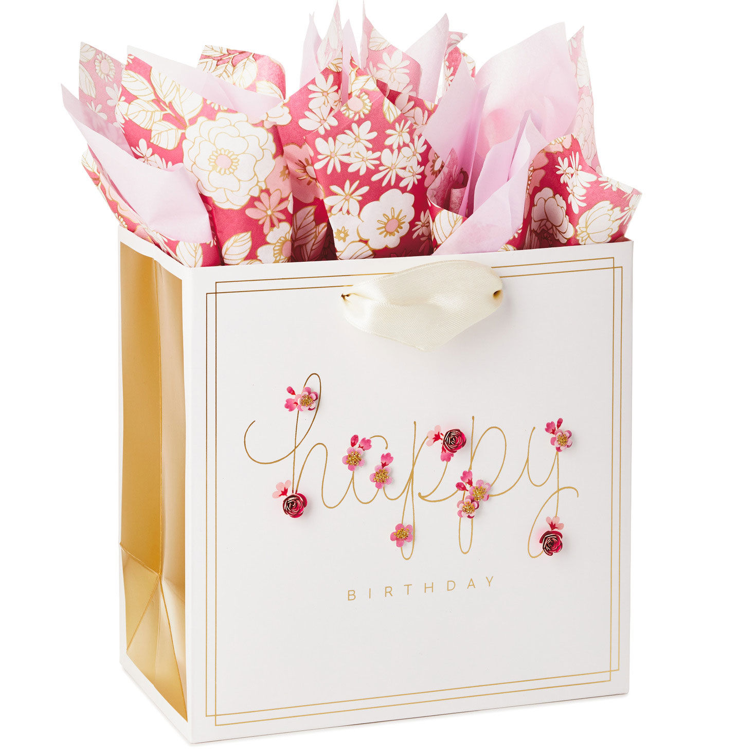 7.7" Happy Birthday 3D Flowers Medium Gift Bag With Tissue Paper