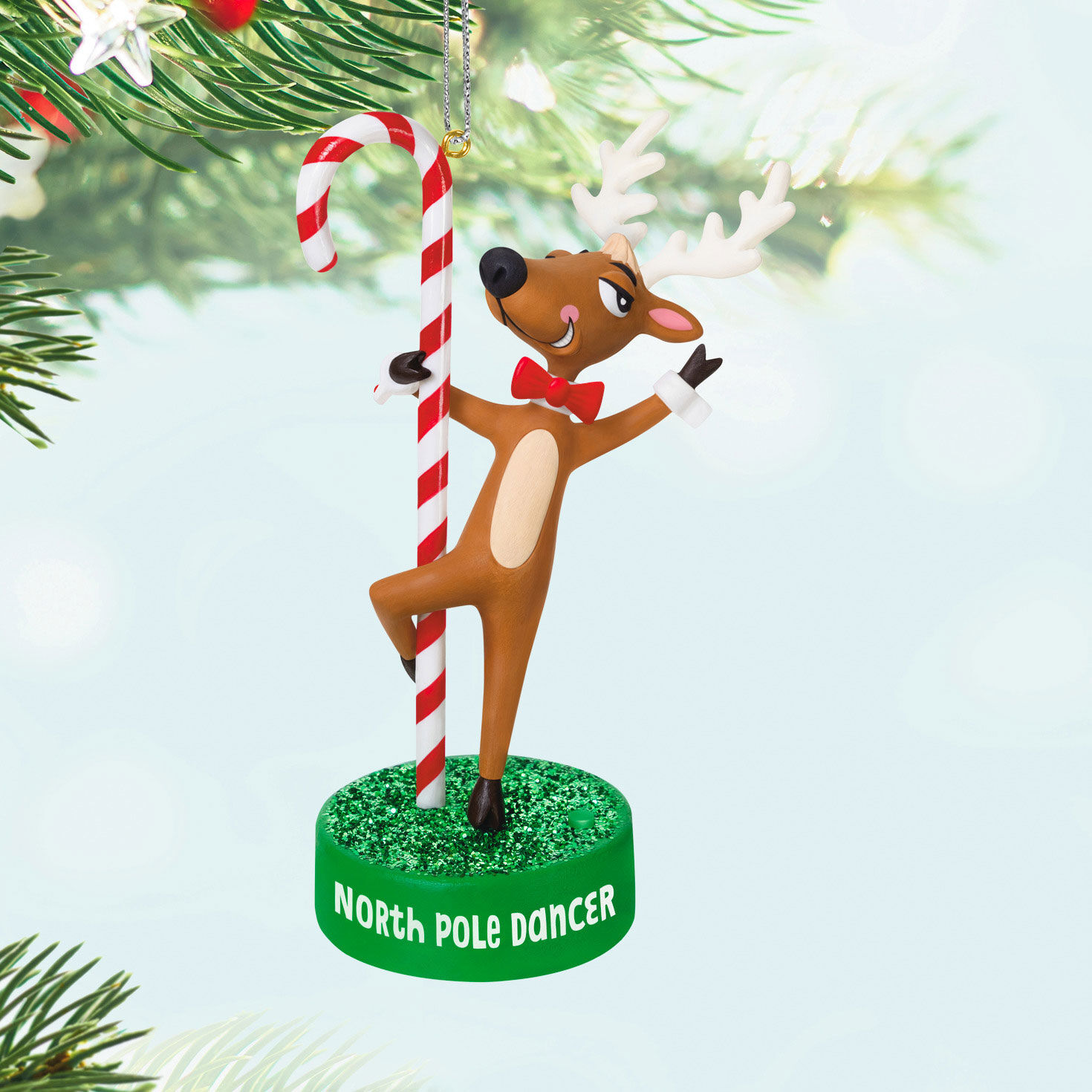 Reindeer Pole Dancer Keepsake Ornament hanging on tree image number 2