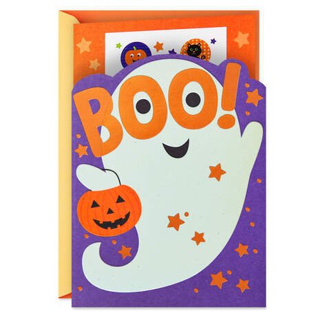 Trick-or-Treating Ghost Halloween Card With Stickers, , large