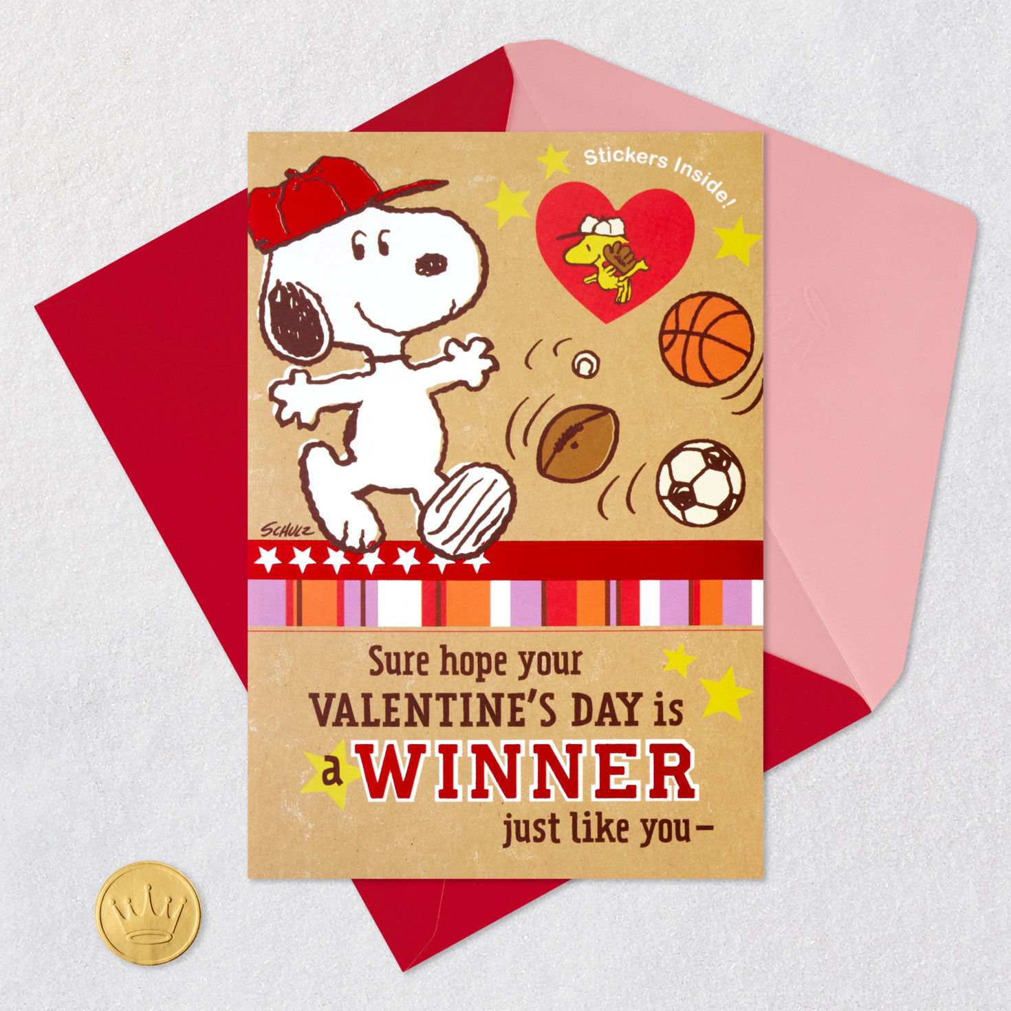 Snoopy and Woodstock Kids Valentine With Sports Stickers Signing card image number 6