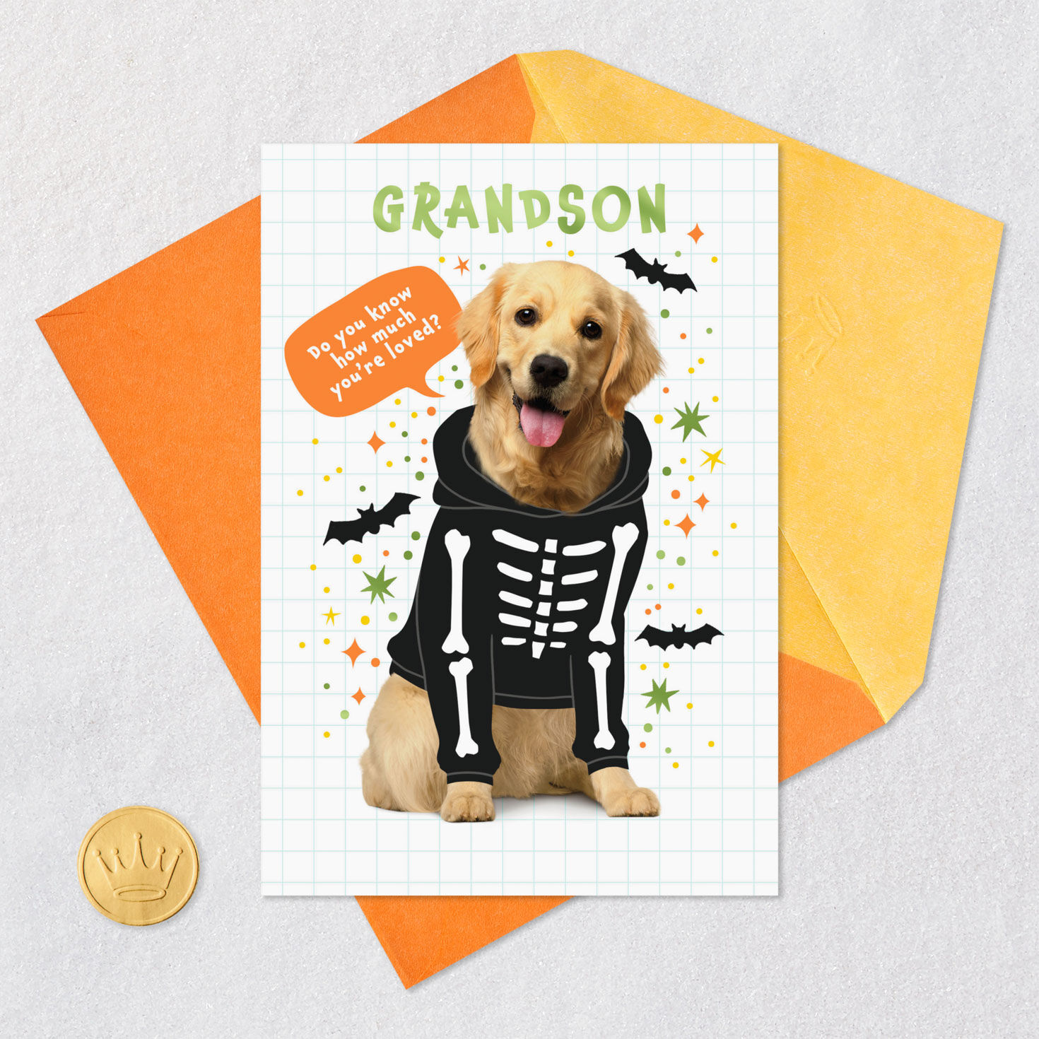 Dog Skeleton Costume Halloween Card for Grandson Card Front with Envelope and Gold Seal image number 5