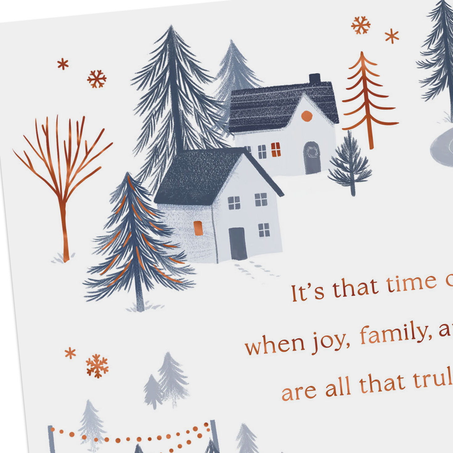 Blue and Bronze Winter Village Scene Christmas Card Card Front Detail image number 4