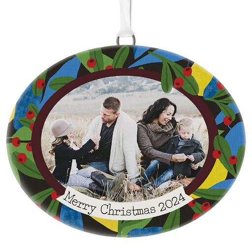 Holiday Holly Personalized Text and Photo Ceramic Ornament, 