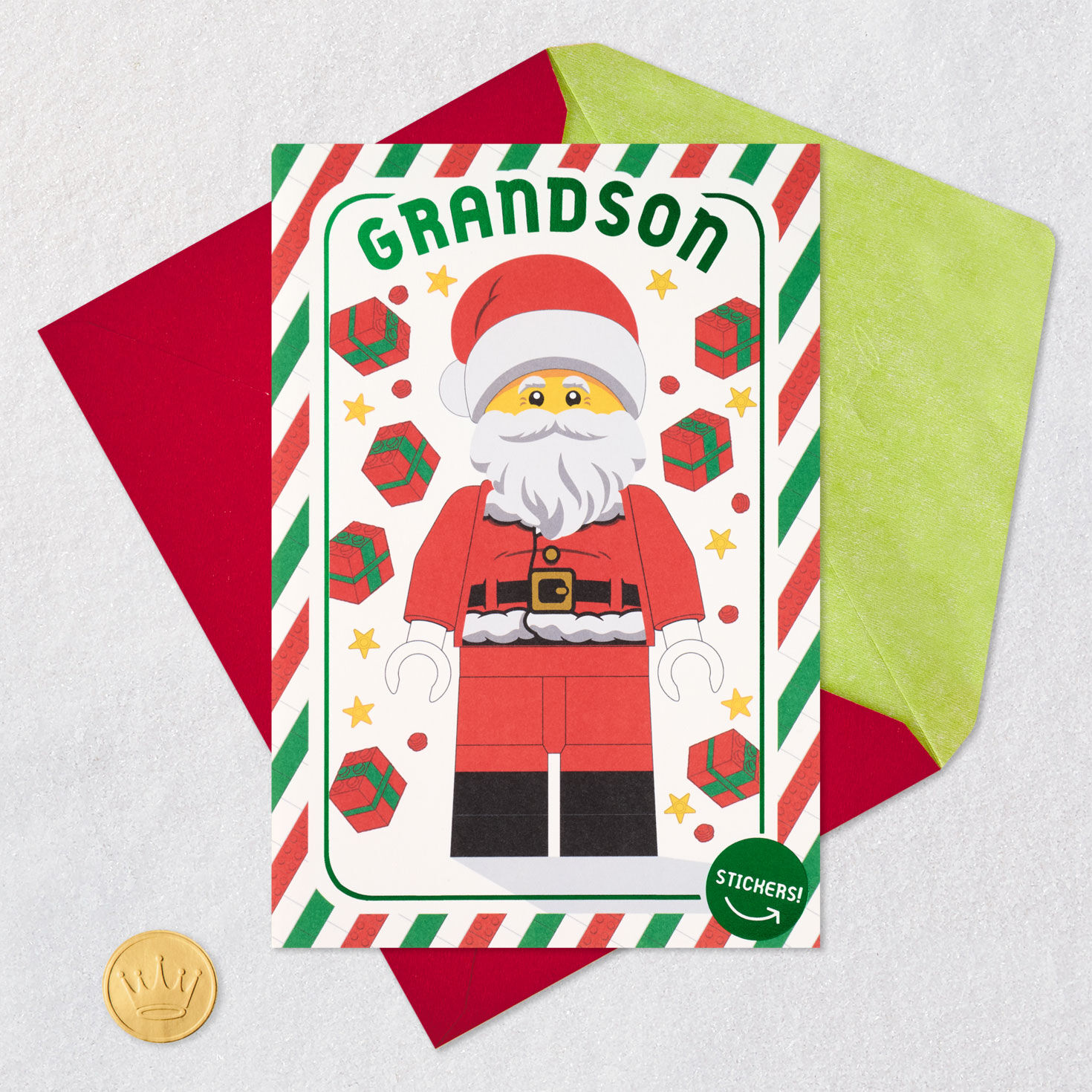 Lego Brick Santa Stickers Grandson Christmas Card Card Front with Envelope and Gold Seal image number 6