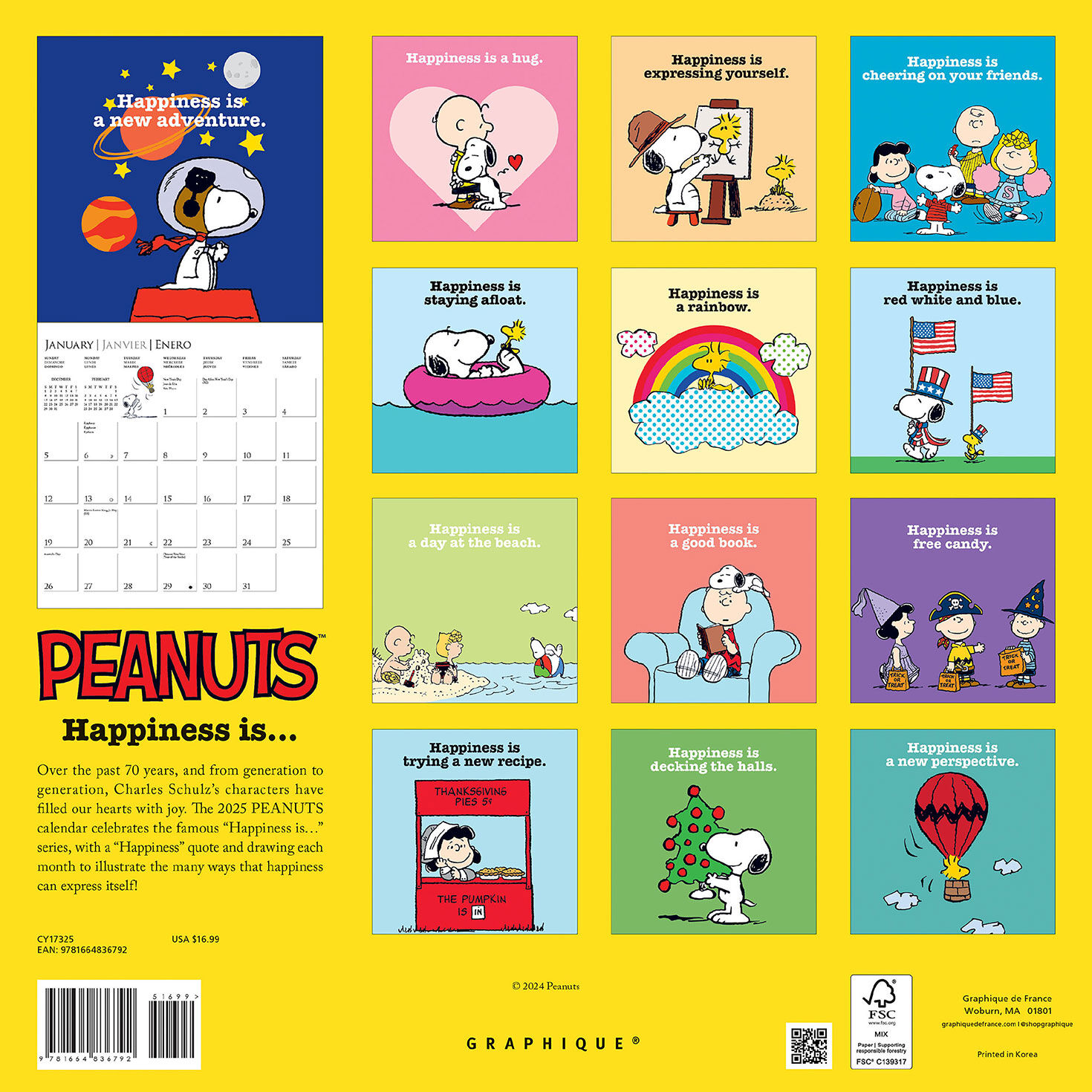 Graphique Peanuts Happiness Is... 2025 Wall Calendar With 120 Stickers
