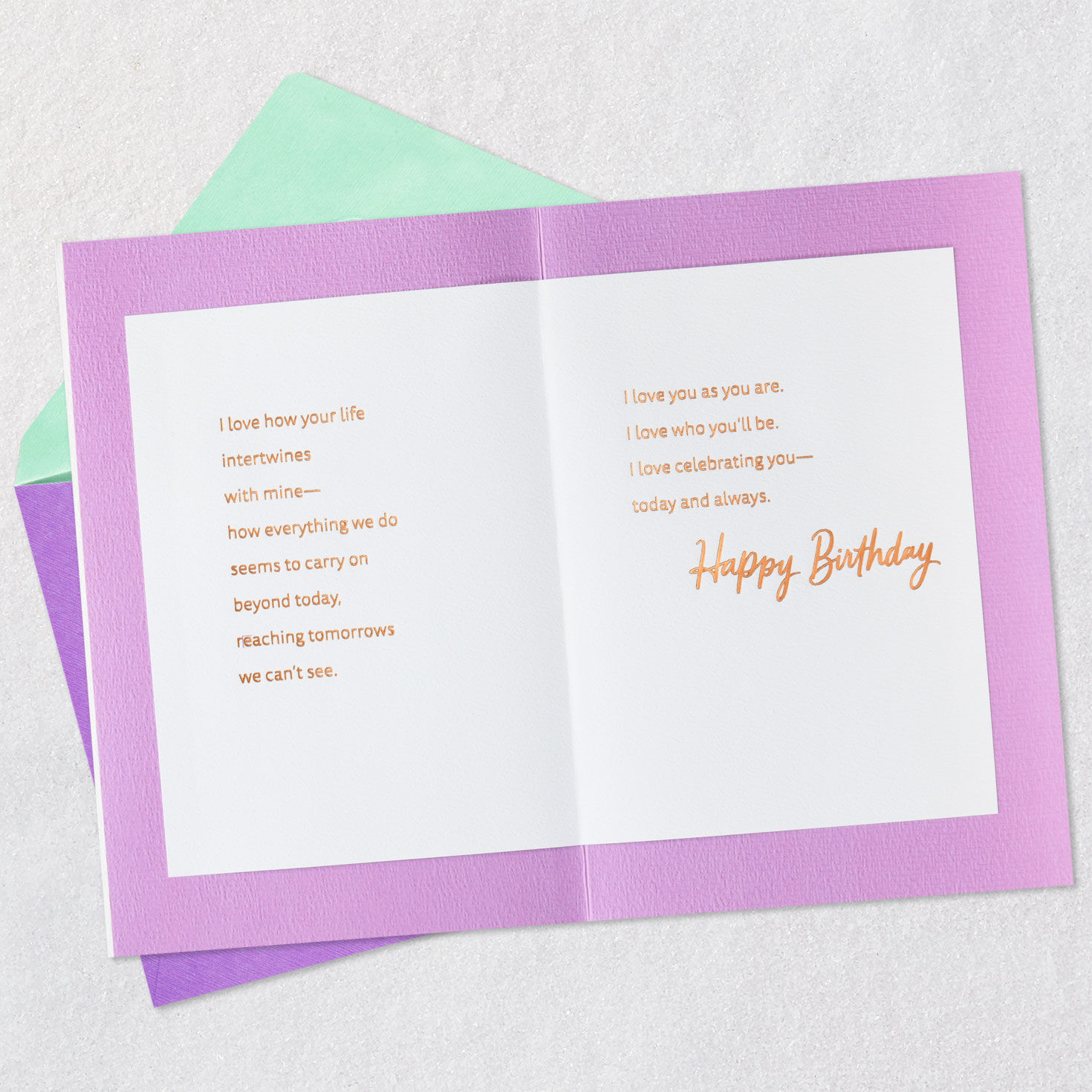 Purple and Orange Flowers Romantic Birthday Card for Her Open card with envelope image number 4