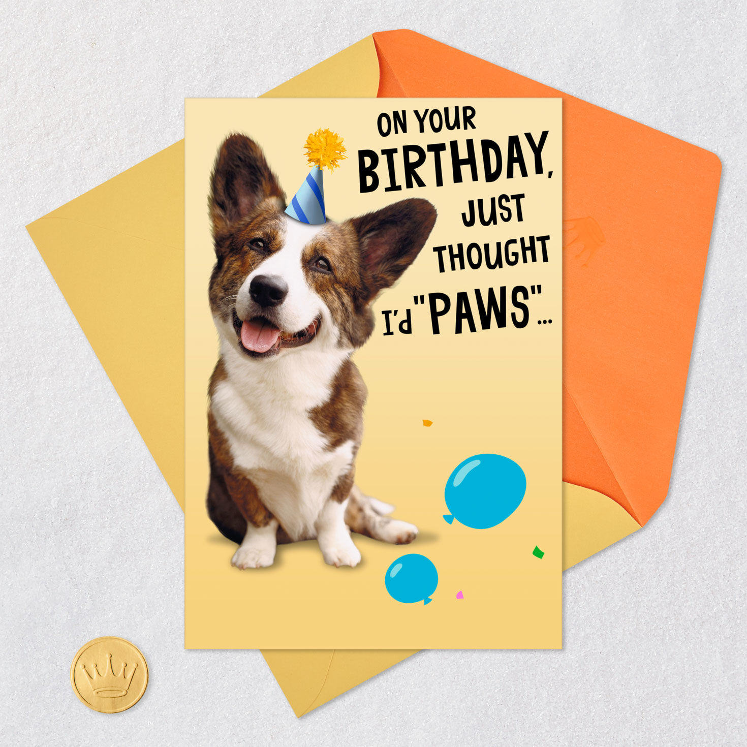 Punny Dogs in Party Hats Funny Birthday Card Card Front with Envelope and Gold Seal image number 8