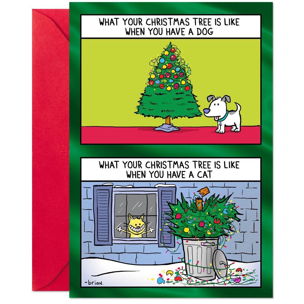 ... Tree Trimming: Cat Versus Dog Funny Christmas Card