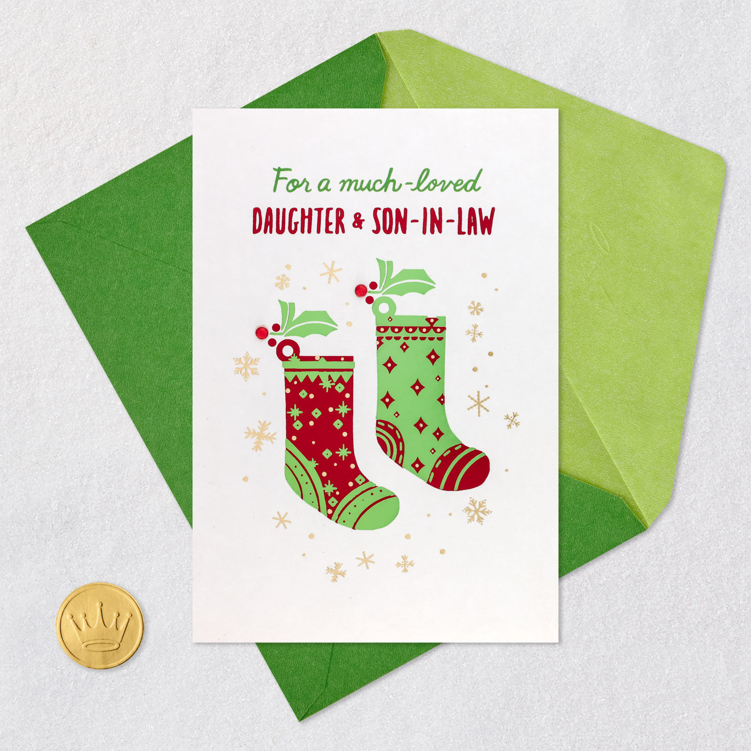 Stockings Christmas Card for Daughter and Husband Card Front with Envelope and Gold Seal image number 6