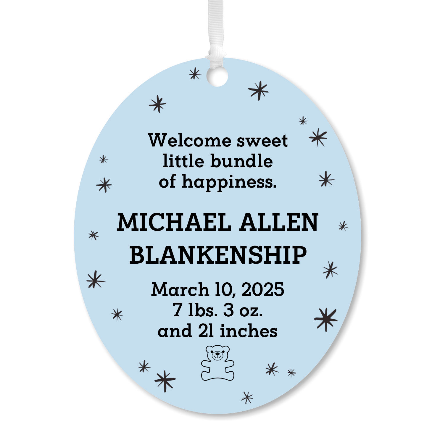 Vertical Oval Metal Personalized Ornament, Custom Text