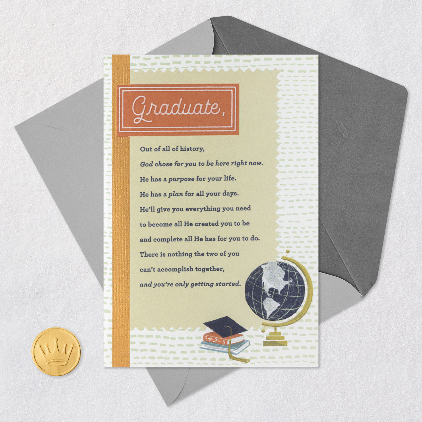 Globe, Mortarboard and Books Religious Graduation Card Card Front with Envelope and Gold Seal image number 6