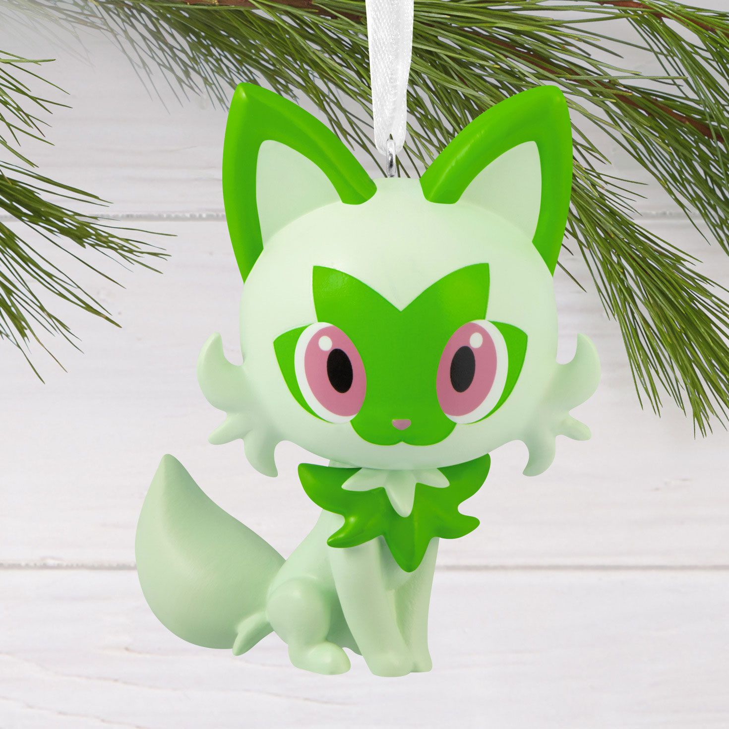 Green White Pok&eacute;mon Cat Christmas Ornament hanging on tree image number 2