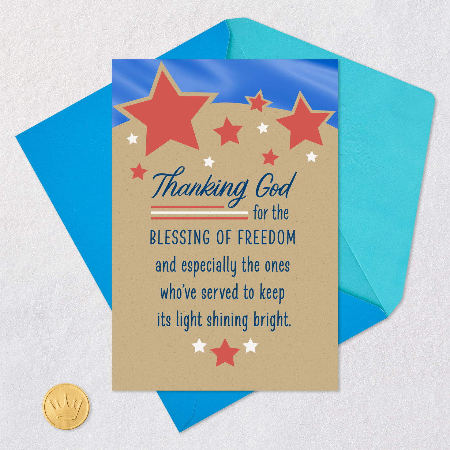 Red Stars on Kraft Religious Veterans Day Card Card Front with Envelope and Gold Seal image number 5