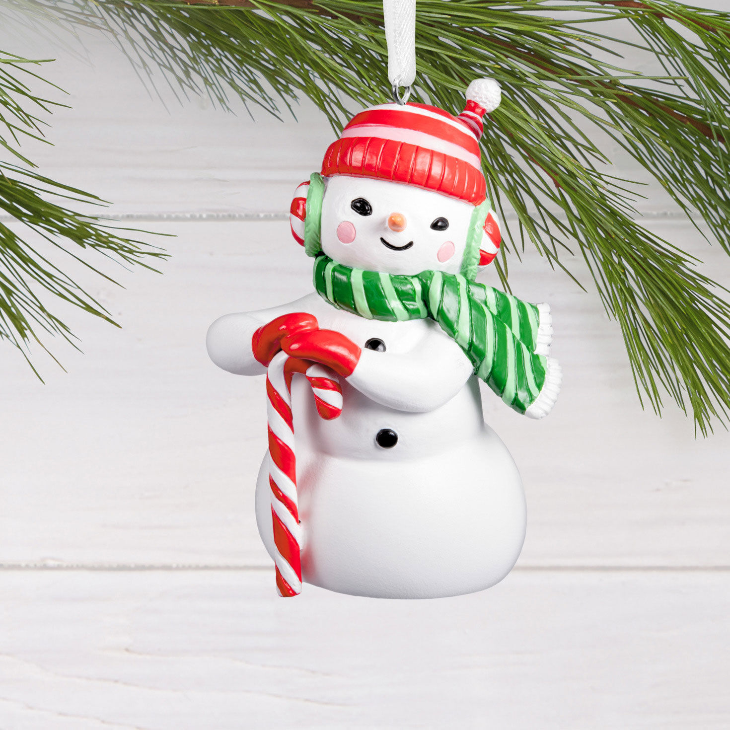 Snowman With Candy Cane Christmas Ornament hanging on tree image number 2