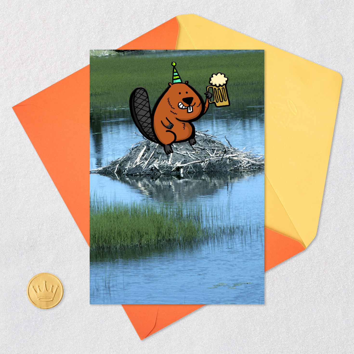Beaver With Beer Funny Birthday Card Card Front with Envelope and Gold Seal image number 5